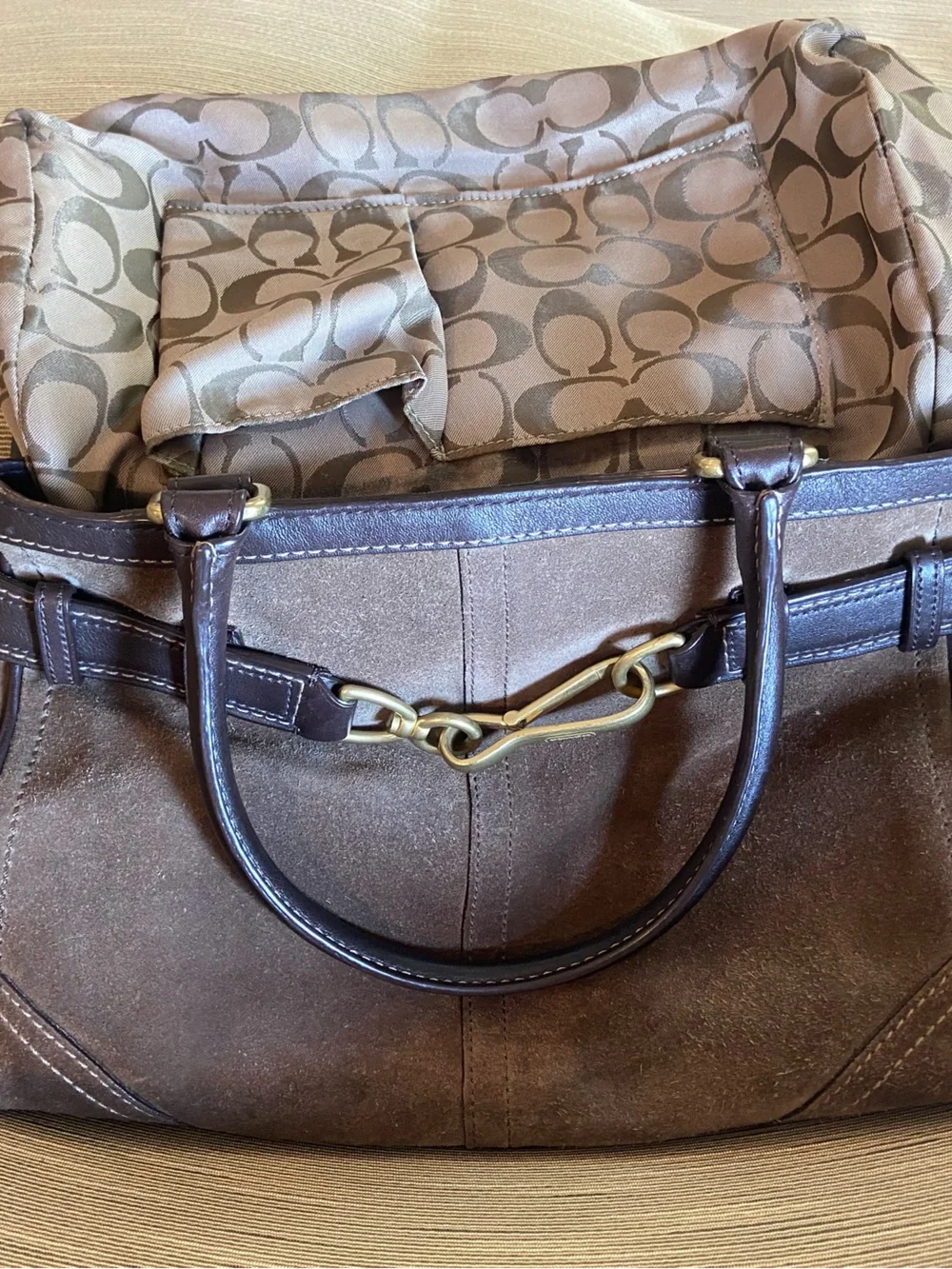 Coach Brown Suede Tote with Dark Brown Leather Trim and Gold Hardware